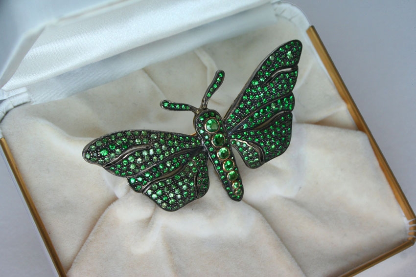 Image of Rare Green Demantoid Garnet Butterfly Gold Brooch.